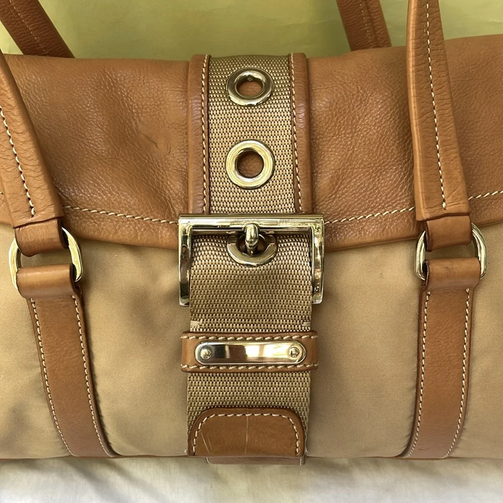 Vintage tan/silver Prada nylon/leather bag with dust bag